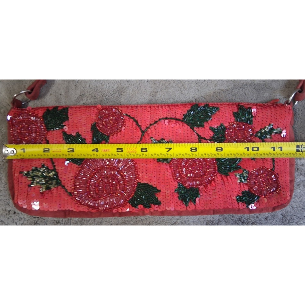 Vintage Cache Red Beaded Sequin Rose Floral Baguette Shoulder Bag Y2K Evening - Picture 8 of 14